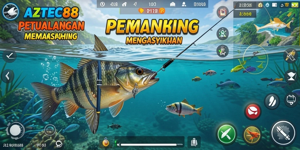 Screenshot gameplay AZTEC88 menampilkan aksi memancing yang seru dan menantang.