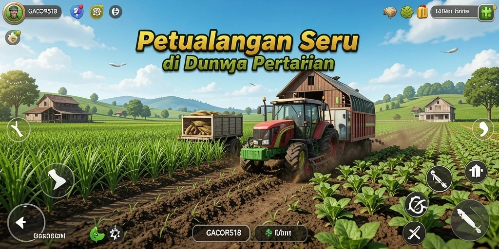 Tampilan gameplay GACOR518 dengan ladang yang subur dan tanaman beragam.