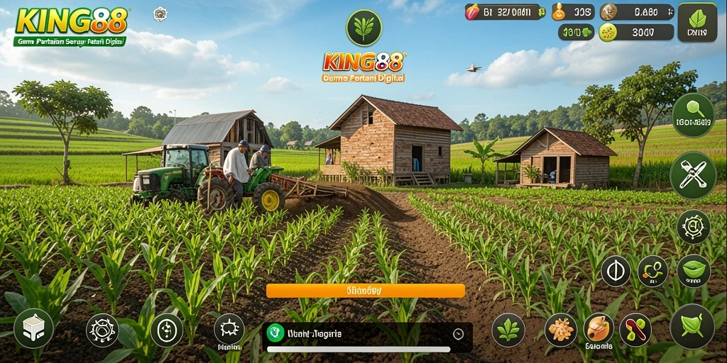 Tangkapan layar gameplay KING88 menunjukkan pertanian yang subur dan beragam aktivitas.