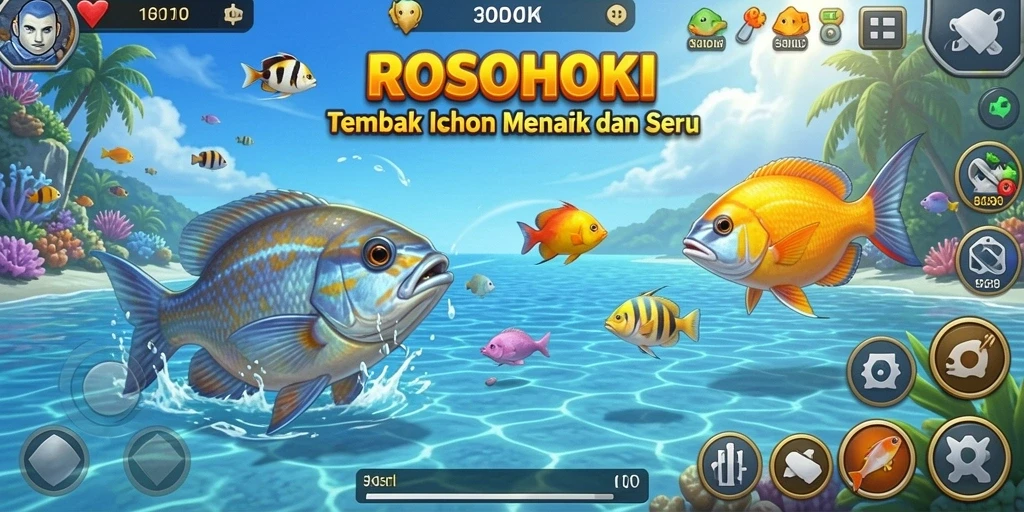 Screenshot gameplay ROSOHOKI menampilkan aksi menembak ikan yang seru.