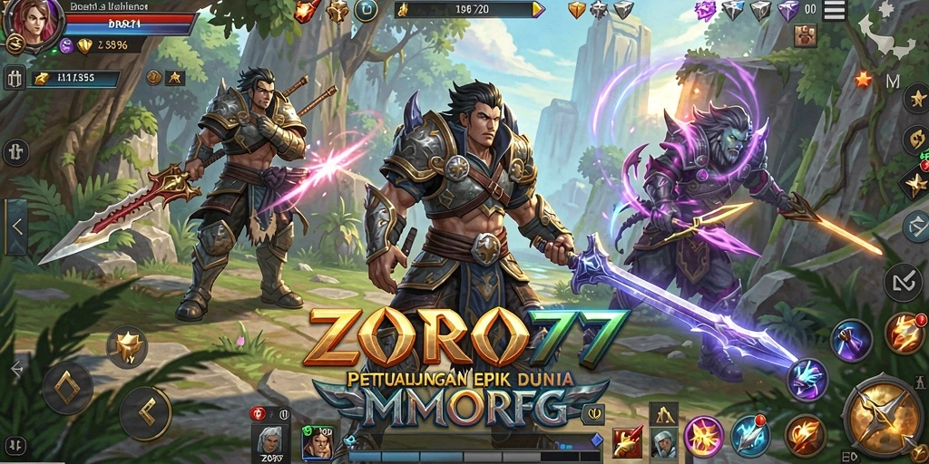 Screenshot dari gameplay ZORO77 yang menampilkan pertarungan epik di dunia MMORPG.